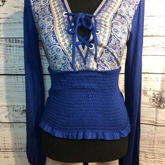 Blue Long Sleeve Blouse with Tie Front Ruffles and Smocked Waist - Picture 2 of 11